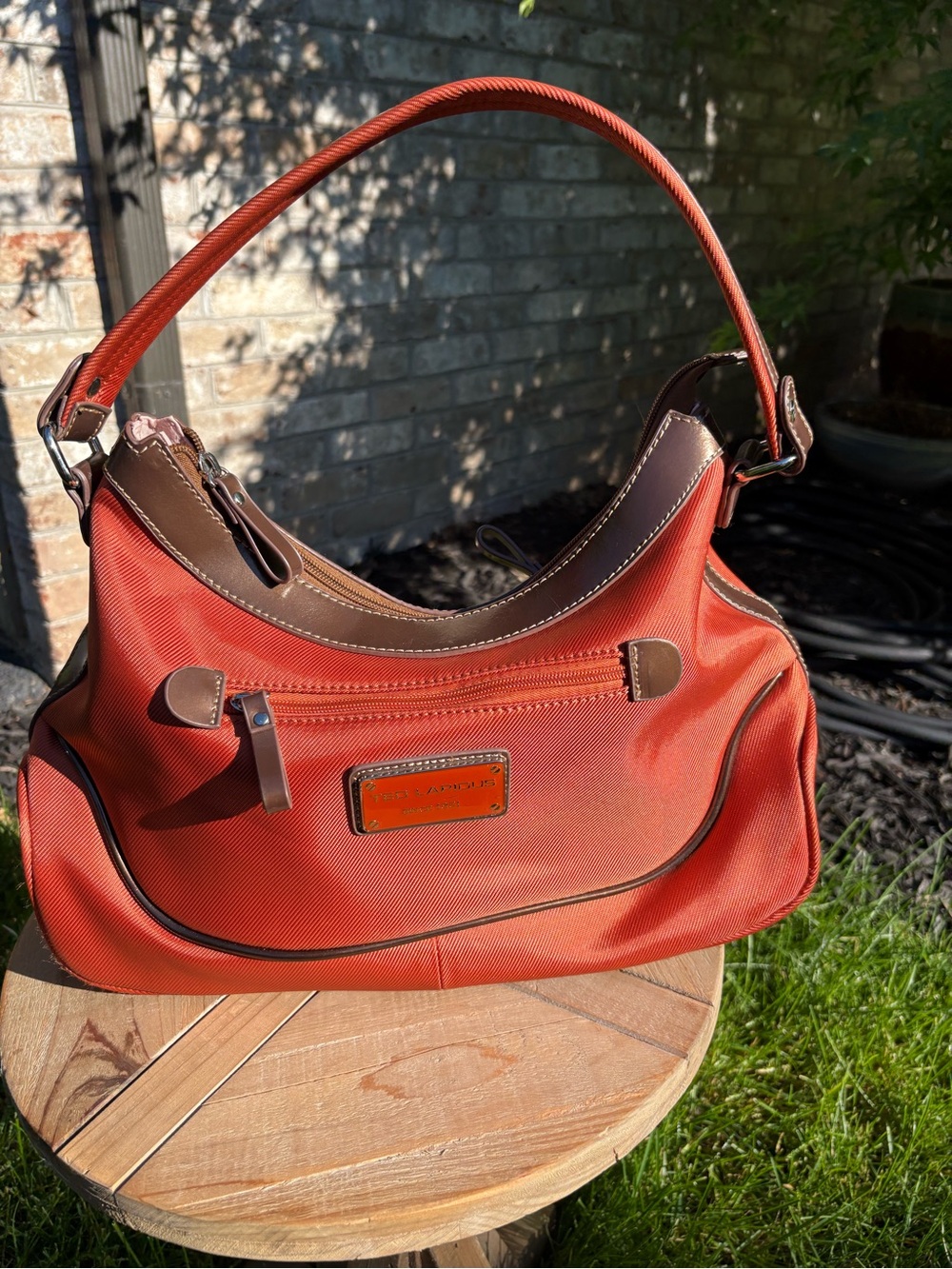 RARE Vintage Rare Ted Lapidus Purse Hobo Orange Nylon Brown Leather Trim Badge